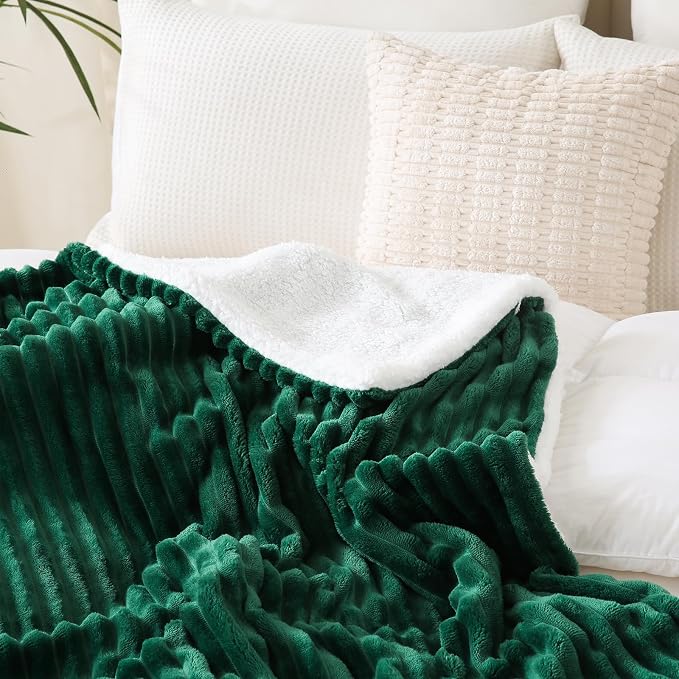 Green Sherpa Fleece Throw Blanket 50”×60” for Couch Sofa Bed | Double Side Soft Fuzzy Cozy Plush Thick Flannel Blanket with Striped Design Gift for Adults,Woman