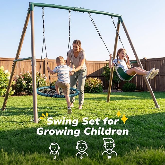 Hapfan 7.5ft Tall Swing Sets for Backyard, 500lbs Heavy Duty Metal Swing Set for Kids and Adults with Spider Swing and Belt Swing, A-Frame Outdoor Swingset Play Equipment(Green and Brown)