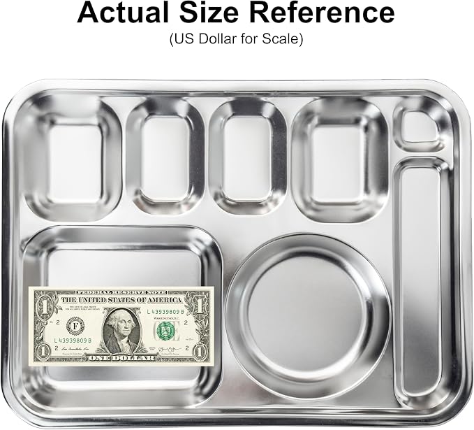 Korean Stainless Steel XL Divided Plates with Cutlery Slot for Adults 2Pack | Extra large BPA-free 8-compartment tray for camping Premium 304 electro-polished stainless steel with no black residue