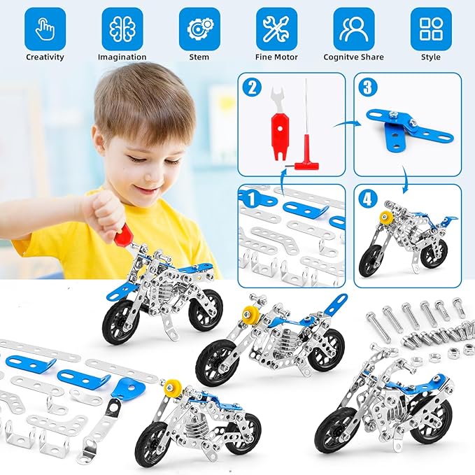 Building Kit Model Motorcycle Set, 5 in 1 Metal Motorbike STEM Project Building Toys for Kids Ages 8-12, DIY Assembly Metal Motorcycle Toys Model Gift