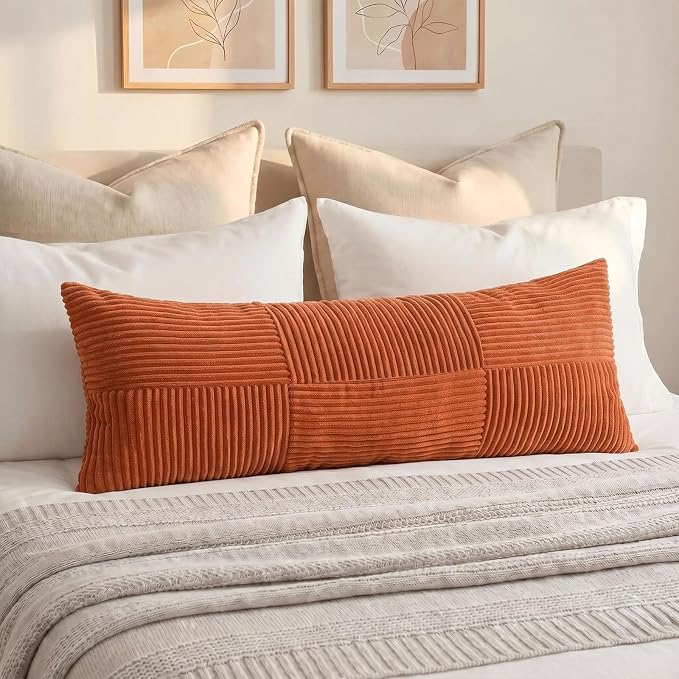 Fancy Homi Set of 2 Burnt Orange Boho Long Lumbar Body Decorative Throw Pillow Cover 14x36 Inch for Bed Couch Bedroom Bench, Soft Patchwork Corduroy Textured Pillow Case, Rustic Farmhouse Room Décor