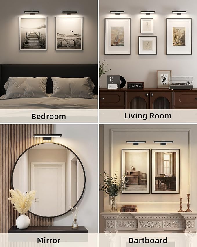 EZVALO Picture Light for Wall, Rechargeable 2400mAh Lights Wireless with IR Remote, 3 Color & Dimmable Magnetic 7.8'' LED Lights Display for Painting, Living Room, Gallery, Bedroom(Black-3P)