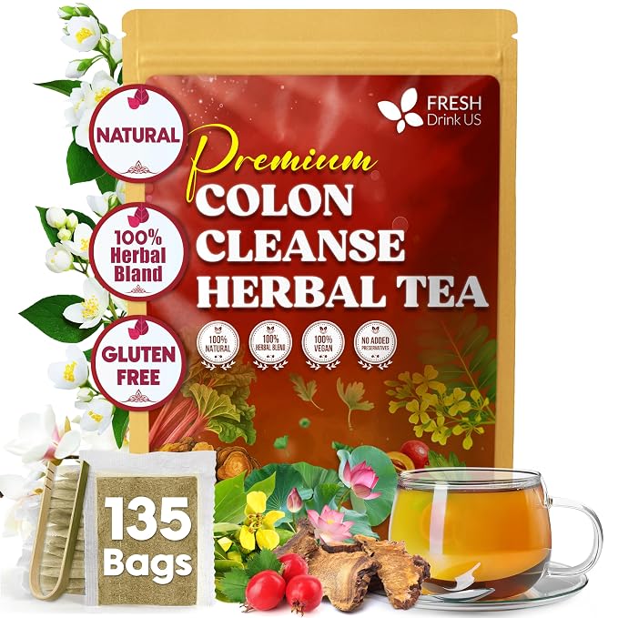 FreshDrinkUS, Premium Colon Cleanse Tea – 135 Tea Bags – Rhubarb Root & Hawthorn Berry with Senna, Lotus Leaf, Valerian Root & Psyllium Husk – Herbal Blend, Caffeine-Free. Vegan