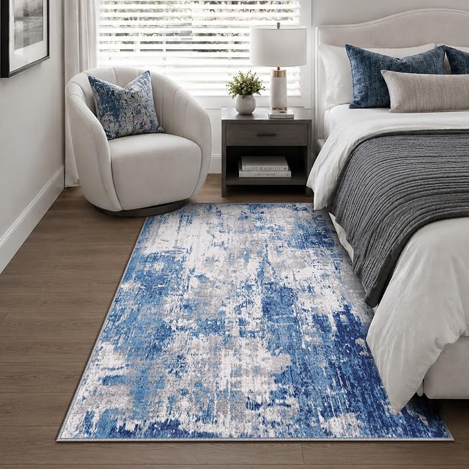 RELEANY Washable 3'x5' Abstract Area Rug for Living Room Blue Gray | carpet for bedroom, kitchen, office, hallway and entryway, printed pattern, non-slip, soft, stain-resistant, easy to clean