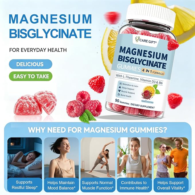 Magnesium Bisglycinate Gummies 400mg Chelated Magnesium with Vitamin D3 B6 and L-Theanine Sleep Support Calm, Muscle Relaxation Bone Health, 90 Gummies| 45 Day Supply, Lemon Raspberry Flavor