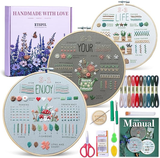 ETSPIL Embroidery Kit for Beginners, Magnetic Needle Minder & 4K Video Tutorials, Pre-Printed Floral Patterns, Bound Guide, Relaxing Screen-Free Craft for Women at Home