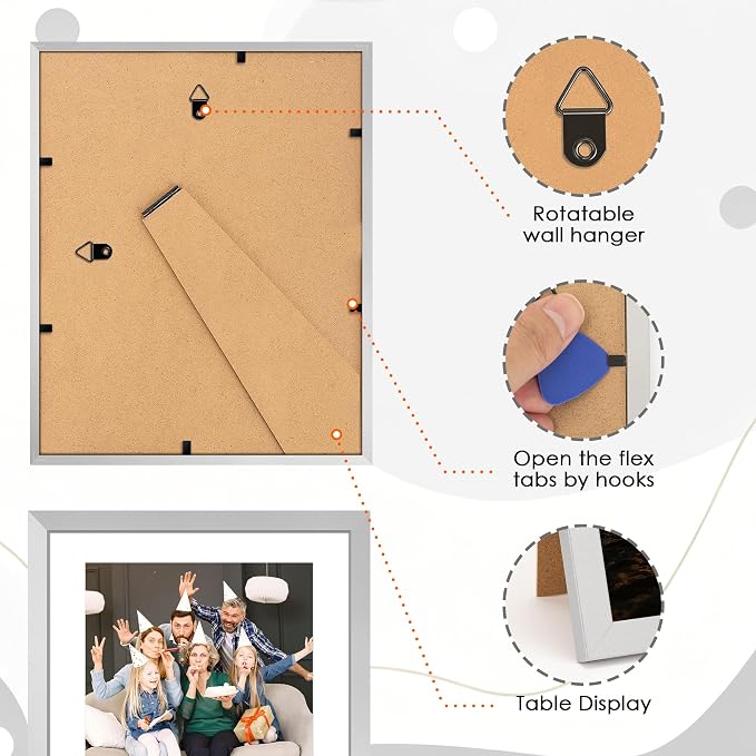 FIXSMITH 8x10 Picture Frame Set of 2, Silver Photo Frame with HD Plexiglass, Display Pictures 5x7 with Mat or 8x10 Without Mat Multi Picture Frames Collage for Tabletop or Wall Display