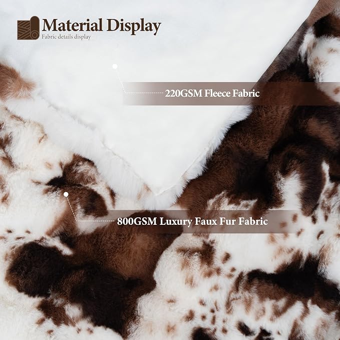 Cow Print Blanket for Couch, Faux Fur Throw Blanket, Super Heavy Warm Cozy Blankets for Bed Sofa, Bubble Plush Fuzzy Soft Mink Blanket for Living Room Bedroom, Cow Brown