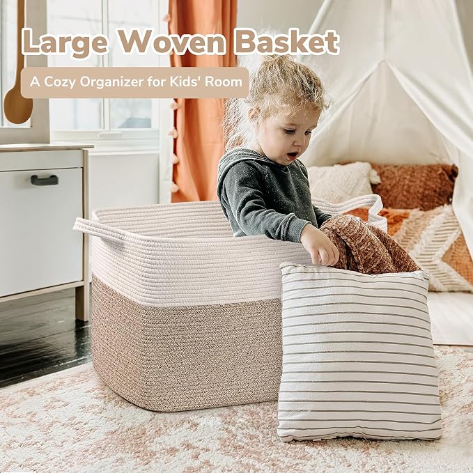 Goodpick 85L Large Woven Rope Blanket Basket, White & Light Brown | 23.6'' x 15.7'' x 13.8'' Storage Basket for Blankets, Toys & Clothes, Nursery & Bedroom Organization, Reinforced Handles