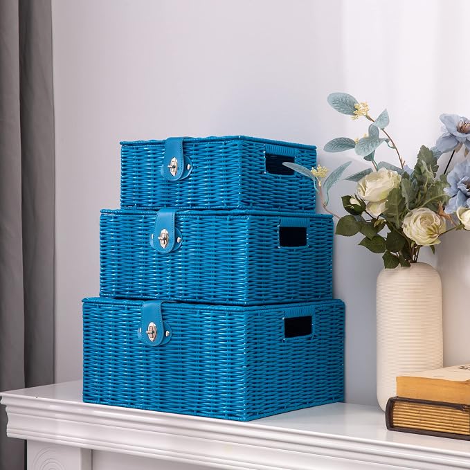 Set of 3 Woven Wicker Storage Basket Box with Lids & Lock, Built-in Carry Handles, Multifunctional Storage Organizer for Nursery, Baby, Clothes, Toys, Books, Large/Medium/Small Size (Blue)