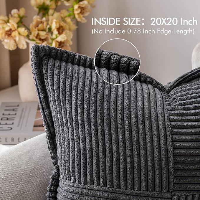 MIULEE Decorative Throw Pillow Covers for Couch 20x20 Inch Dark Grey 2 Pack | Boho Broadside Striped Patchwork Pillow Covers, Soft Corduroy Cushion Cases, For Sofa Bed Livingroom Home Decor