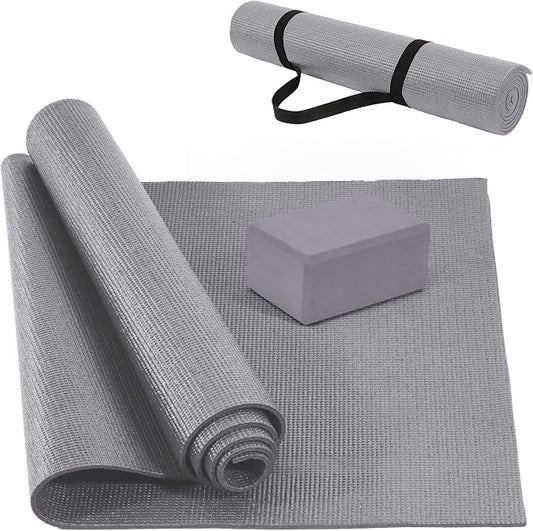 Signature Fitness All Purpose 0.25 Inch Thick High Density No Tear Exercise Yoga Mat with Strap & Lightweight Features for Indoor & Outdoor Use, Gray
