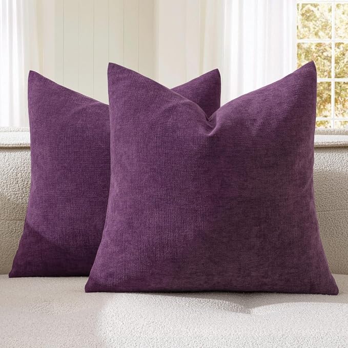 MIULEE Plum Purple Chenille Couch Throw Pillow Covers, 18x18 | Set of 2, Soft Farmhouse Modern Home Decor, Decorative Pillowcases for Sofa Living Room Bed