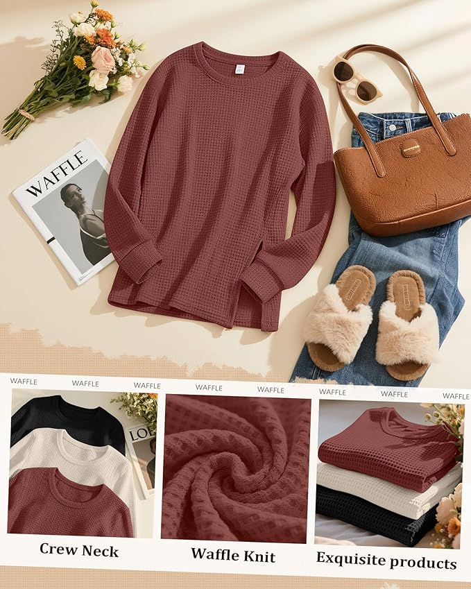 3 Pack Women's Maternity Shirts Long Sleeve Waffle Knit Side Split Oversized Tops Pregnancy Clothes Fall Tees