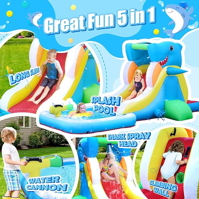 Inflatable Water Slide, Bounce House for Kids Backyard, Toddler Blow Up Bouncer with Air Blower, Splash Zone, Climbing Wall, Water Cannon for Party