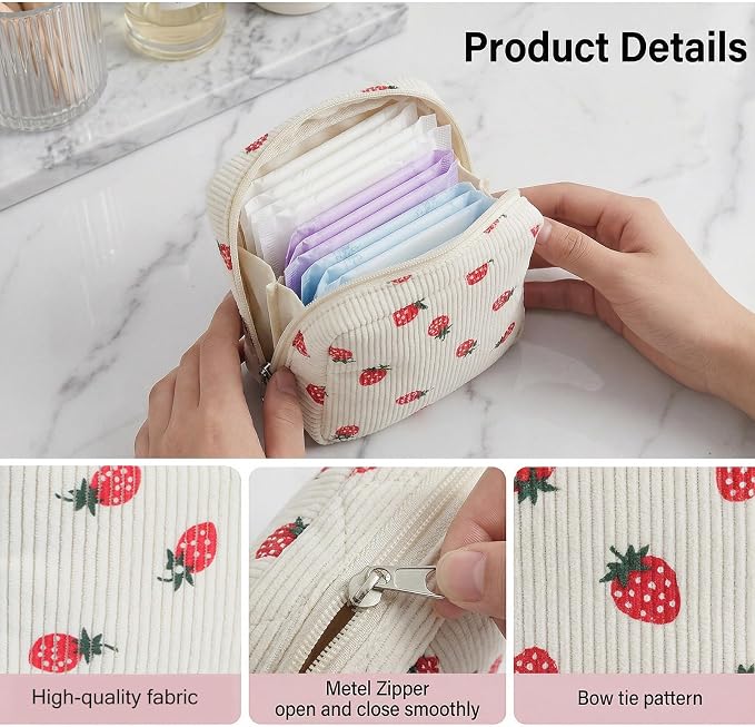 CIATBYYJ Corduroy Cute Cosmetic bag for Purse, Portable Menstrual Cup Pouch Period Bags for Teen Girls, Tampons Holder, Pad Bag, Feminine Care for Purse with Zipper