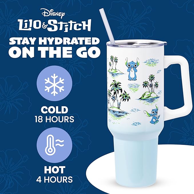 Silver Buffalo Disney Lilo and Stitch Vintage Sketch Palm Trees and Flowers Double Walled Stainless Steel Tumbler with Handle and Straw, Fits in Standard Cup Holder, 40 Ounces