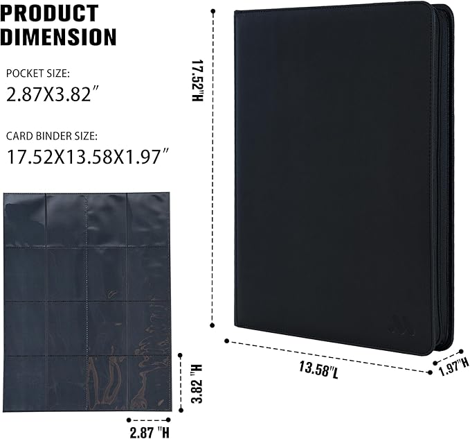 Premium 16 Pocket Trading Card Binder,1024 Card Capacity Card Binder Ringless Design with Zipper Side Loading Trading Card Album Folder for MTG, Sports Cards & TCG - Black