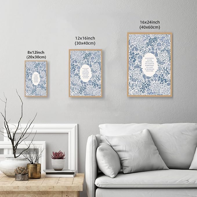 Slow Down You're Doing Fine Music Poster Motivational Song Lyric Blue Wall Art Vintage Positive Quote Daily Reminder Floral Canvas Print for Office Bedroom Home Decor 8x12inch Wooden Framed