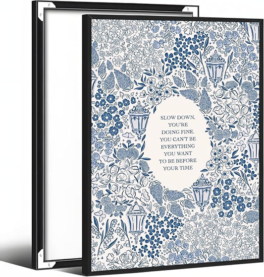 Slow Down You're Doing Fine Music Poster Motivational Song Lyric Blue Wall Art Vintage Positive Quote Daily Reminder Floral Canvas Print for Office Bedroom Home Decor 8x12inch Black Aluminum Frame