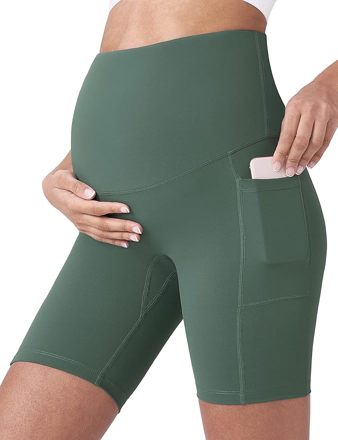 POSHDIVAH Women's Maternity Yoga Shorts Over The Belly Bump Summer Workout Running Active Short Pants with Pockets 5"/8"