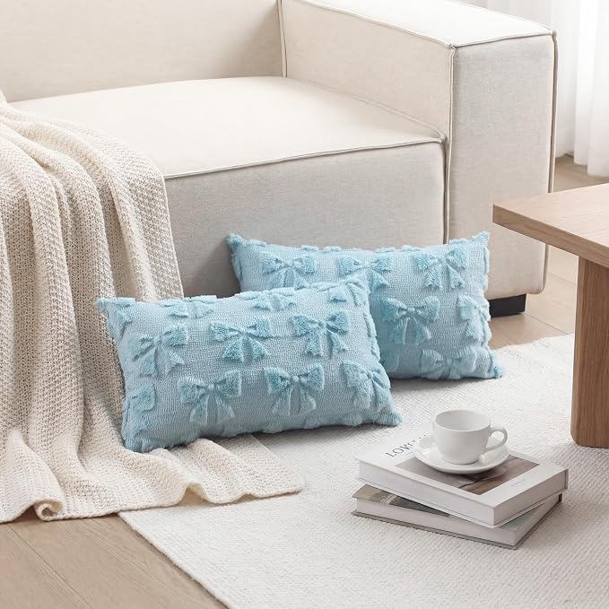 Mixweer Blue Bow Pillow Covers Set of 2 Preppy Room Decor Coquette Cute Spring Summer Decorative Faux Fur Soft Bowknot Stuff Fluffy Plush Aesthetic Pillowcase for Bed Sofa Couch (12 x 20 Inch)