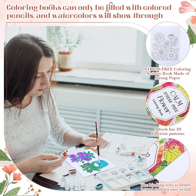 Liliful 72 Pcs Flower Coloring Book Bulk for Adult Calm Supplies DIY Art Stress Relief Drawing Book with Colorful Flower Patterns Favors Goodie Bag Filler and Holiday Gifts
