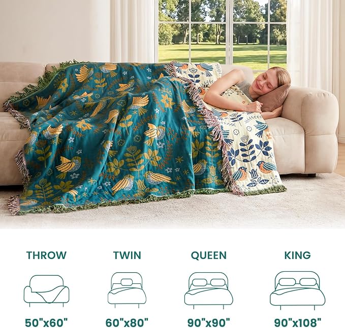 MSGKV Boho Throw Blanket 60"x80" 100% Cotton Bird Quilt for Bed & Couch | 100% Cotton Throw, Bird Quilt Design, Muslin Blanket, Summer Breathable, Farmhouse Decor, Lightweight, Machine Washable