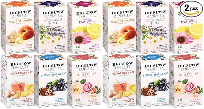 Bigelow Benefits Wellness Teas Variety Pack, Mixed Caffeinated Green Matcha & Caffeine-Free Herbal Tea, (Packaging May Vary), 18 Count (Pack of 12)