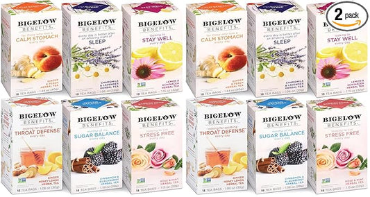 Bigelow Benefits Wellness Teas Variety Pack, Mixed Caffeinated Green Matcha & Caffeine-Free Herbal Tea, (Packaging May Vary), 18 Count (Pack of 12)