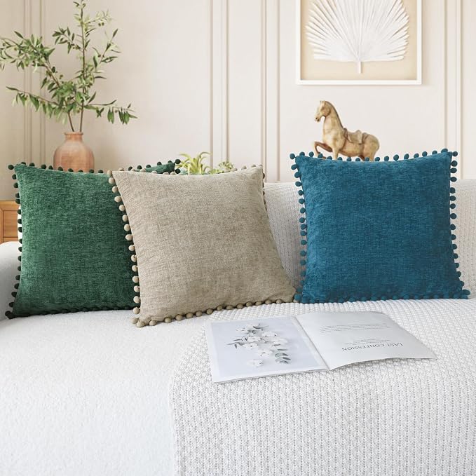 CaliTime Decorative Couch Throw Pillow Covers 16 X 16 Inches Taupe | Pack of 2, Cozy Chenille Cushion Cases, with Pom Poms for Sofa Bed Living Room Farmhouse Home