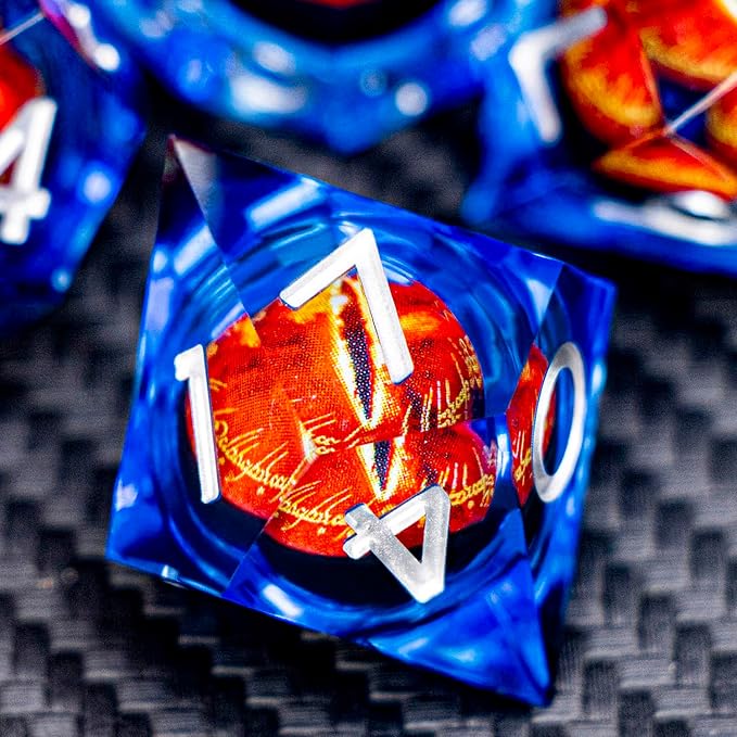 ARUOHHA DND Resin Dice Gazes Eye Dice Silver Blue Liquid Core Flaming RPG Sharp Edged Dice Set with Gift Box, Polyhedral D and D Dice Set Compatible with Dungeons Dragons Role Playing Game D20 D6