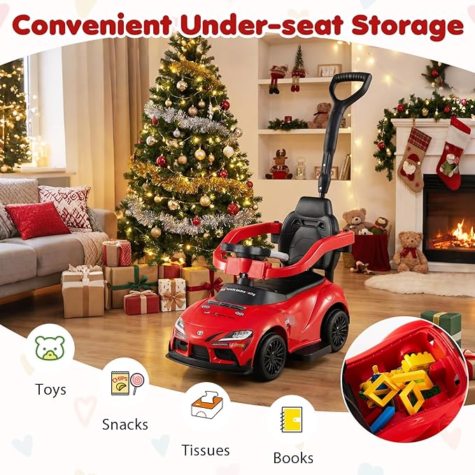 Costzon Push Car for Toddlers, 3 in 1 Toyota Licensed Stroller Sliding Walking Car w/Handle, Music, Safety Guardrail, Under-Seat Storage, Foot-to-Floor Kids Ride On Toys for Boys Girls (Red)