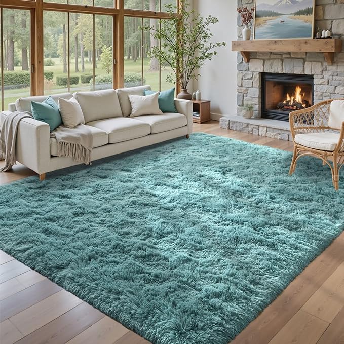 9x12 Area Rugs for Living Room Teal Shag Rugs, Modern Plush Non-Slip Soft Carpets for Bedroom Kids Nursery Dorm Daycare Floor