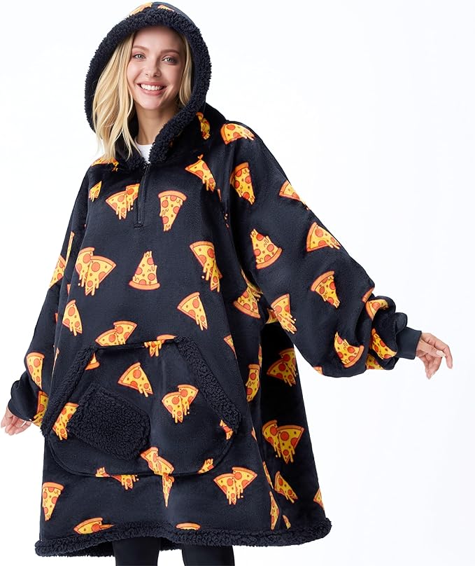 Giggling Getup Wearable Blanket Hoodie for Adults Gifts for Teen Girls Sister Women Sherpa Fleece Printed Hooded Blanket Sweatshirt Warm Cozy with Pocket & Sleeves Black Pizza