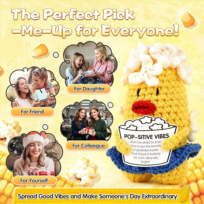 Don't Be Afraid to Pop! Positive Corn Crochet Gift - Encouraging Uplifting Present for Anxiety Stress Relief, Fun Inspirational Plushie for Women Men Teens, Office Home Desk Reminder