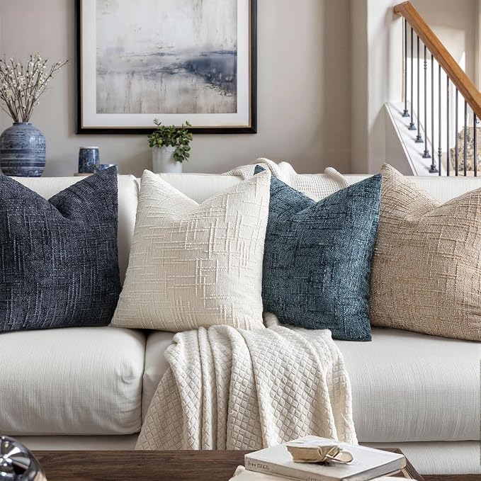 MIULEE Chenille Textured Throw Pillow Covers Navy Blue 20x20 Set of 2 | Slubby Decorative Pillows, Boho Farmhouse Coastal Decor, Modern Neutral Cushion Covers for Couch Sofa Bed Living Room