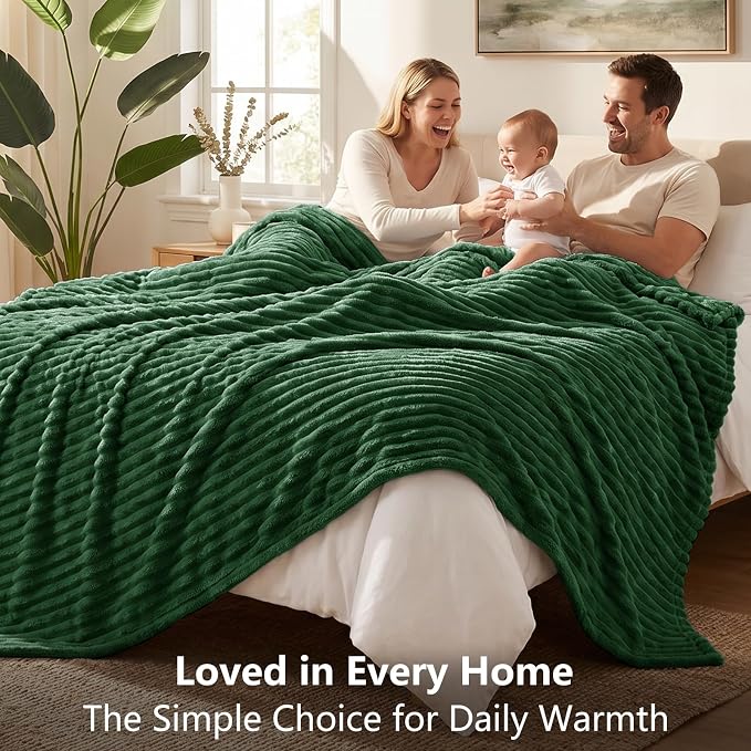Dark Green Blankets Queen Size for Bed, 90 x 90 Inch | 300GSM Ribbed Fleece Blanket, Soft, Cozy & Lightweight, OEKO-TEX Certified, All-Season for Bedrooms, Guest Rooms & Gifting