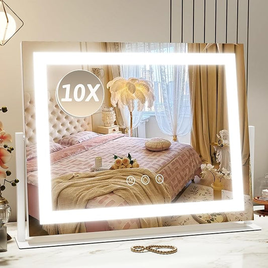 ROLOVE Vanity Mirror with Lights 22"x18", Lighted Makeup Mirror with 10X Magnification, Smart Touch 3 Colors Dimmable, 360° Rotation, Women Gift, Dresser Mount, Bathroom (White)