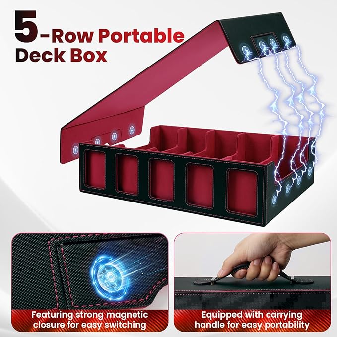 Red Trading Card Storage Box with Handle,5-Row Portable Deck Case for 4000+ Cards, Leather Card Collection Case with Commander Display Window for MTG, Yugioh, and Sports Cards,Gifts for Card Collector