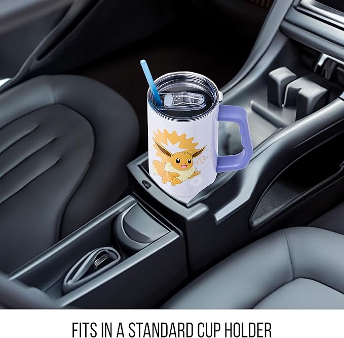 Silver Buffalo Pokémon Double Walled Stainless Steel Tumbler with Handle Featuring Eevee, Fits in Standard Cup Holder, 40 Ounces