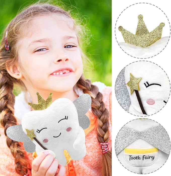 Tooth Fairy Pillow with Shiny Wings Embroidered Tooth Fairy Doll with Pocket Crystal Velvet Tooth Fairy Souvenir Boy Girl Gift (White) (White)