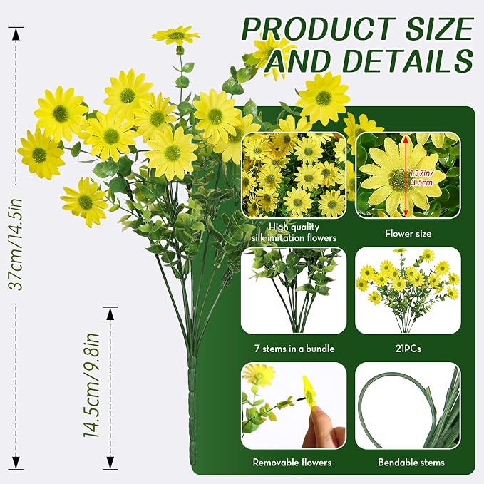 Alupssuc 20 Bundles Artificial Daisies Flowers Fake Silk Plant for Indoor Outdoor Decor, UV Resistant No Fade Faux Spring Flowers for Garden, Porch & Patio Decoration,Yellow