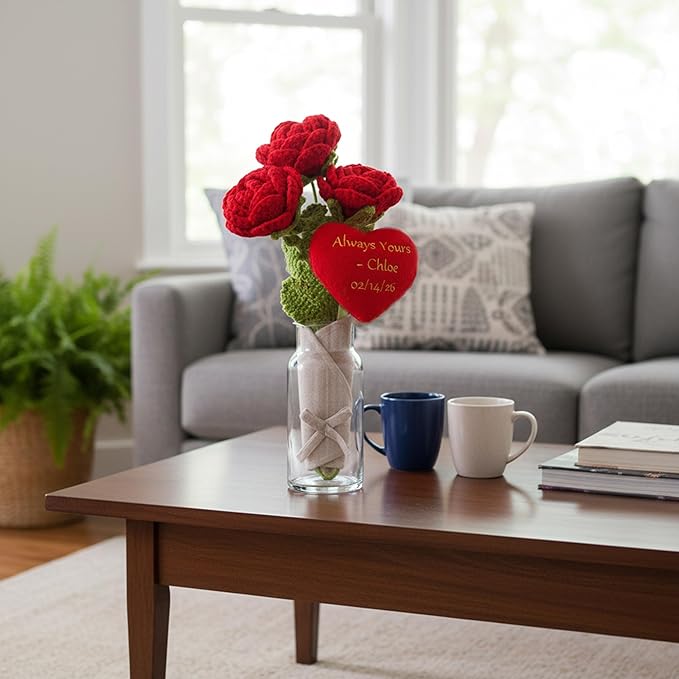 June Garden 17" Crochet Rose Flower Bouquet with Customizable Heart – 3 Soft Plush Rose with Bendable Stems – Personalized Embroidered Gift for Valentine’s Day, Anniversary or Home Décor