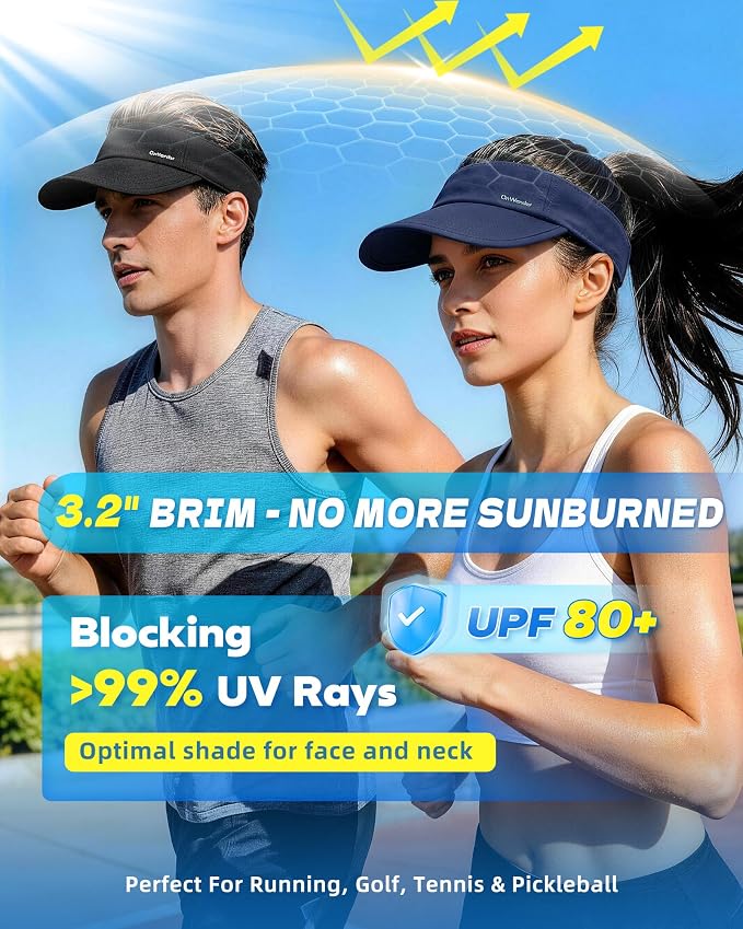 Sun Visor Hats for Women Men - Wide Brim Quick Dry Adjustable Hat | Upf 80+ Sun Protection Sport Hat, Cooling Sweatband; Breathable Quick-Dry Fabric Visors for Running, Tennis, Golf, Sports