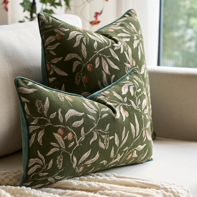 Alerfa Green Floral Throw Pillow Cover 18 x 18 Inch Sqaure Luxury Decorative Pillow Cover for Couch Living Room Bedroom