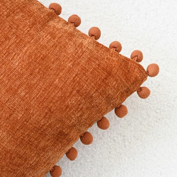 CaliTime Fall Decorative Throw Pillow Covers 18 X 18 Inches Burnt Orange | Pack of 2, Cozy Chenille Cushion Cases, with Pom Poms for Sofa Bed Living Room Farmhouse Home