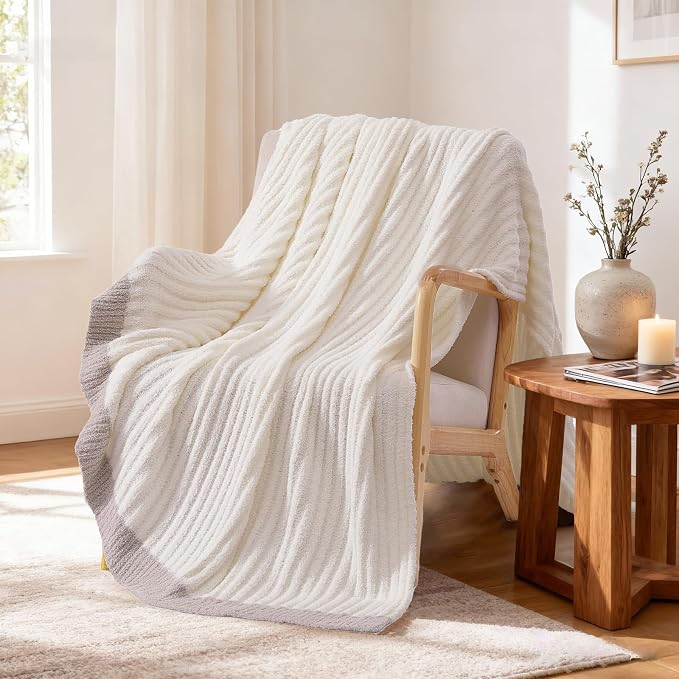 Soft Throw Blanket for Couch-Cozy Reversible Knitted Blankets | Lightweight Warm Fluffy Decor for Women, Mom, Her & Girls, Sofa, Chair, Bed, 50x60in, White