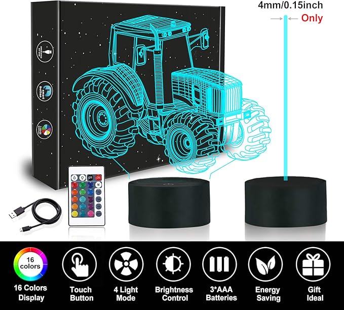 FULLOSUN 3D Illusion Lamp, Tractor Car 3D Night Light for Kids with 16 Colors Changing Remote Control, Bedroom Decor Creative Birthday Gifts for Boys Kids Baby