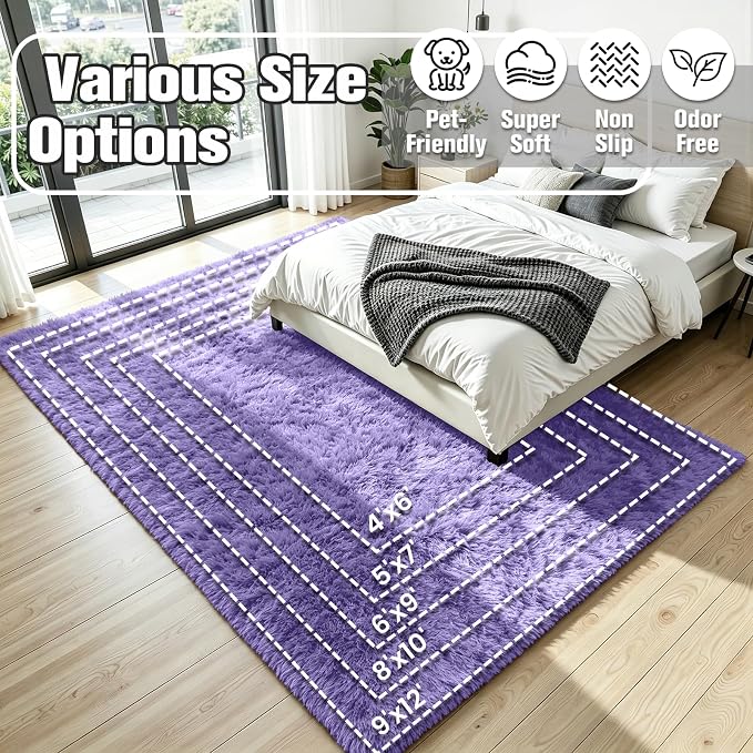 6x9 Area Rug for Living Room, Ultra Soft Fluffy Purple Rugs for Bedroom, Non Slip Large Shag Carpet, Fuzzy Plush Nursery Rug, Thick Washable Indoor Floor Carpets for Kids Office Dorm Home Decor